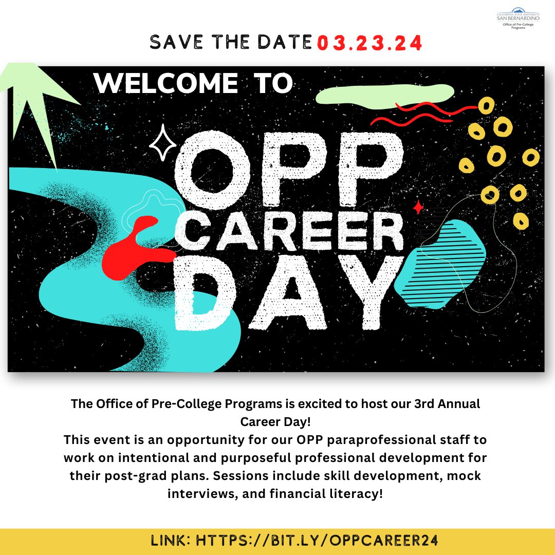It's that time again for College and Career Day! Come and be part of a day focused on enhancing your professional skills to better equip you for your future career. Reserve your spot now. Registration closes on March 13th. Link in bio. #opp #csusb #careerday24