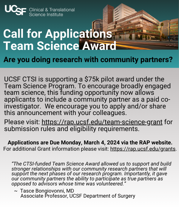Are you doing research with community partners? Apply for a pilot award through @CTSIatUCSF