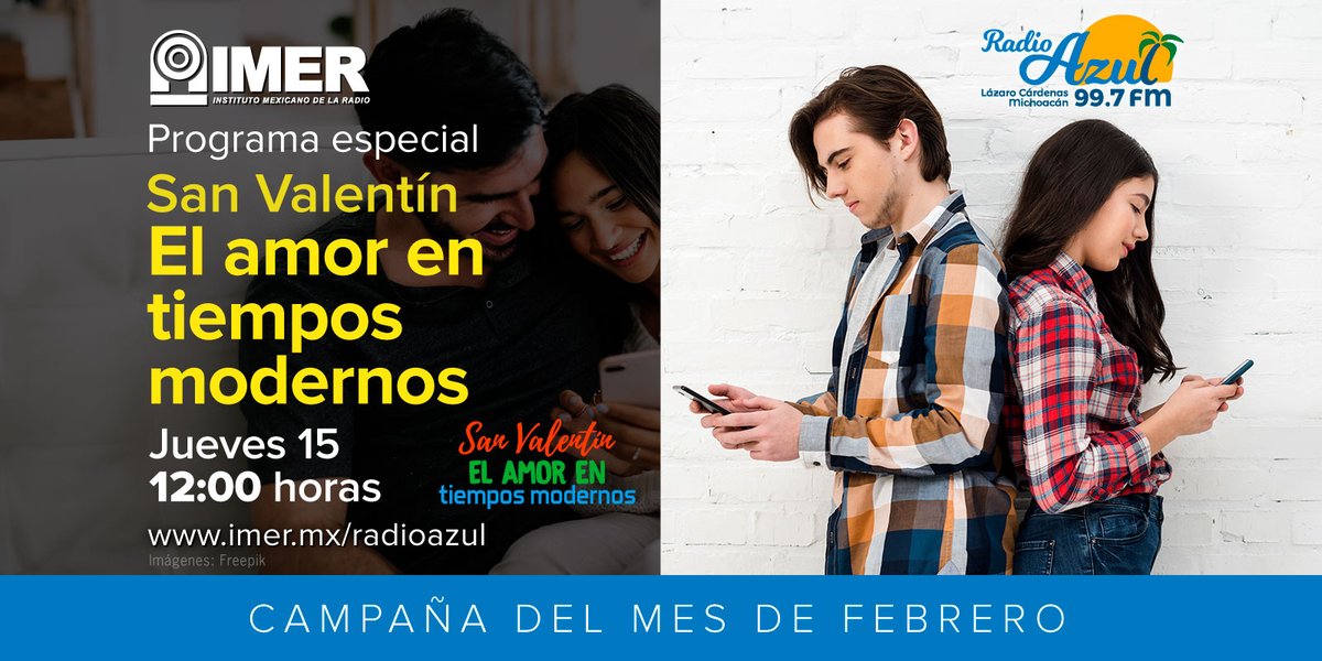 RadioAzul_FM's tweet photo. Escucha nuestro programa especial.
San Valentín: EL amor en los tiempos modernos.
Conduce: Jeriel Vargas.
📷 https://t.co/Xk4ybT2gfl
📷 app android #IMER
#SomosRadioPública IMER, Instituto Mexicano de la Radio
Síguenos:
https://t.co/6zaBbXIn8u... https://t.co/OcRPpYf3Mg