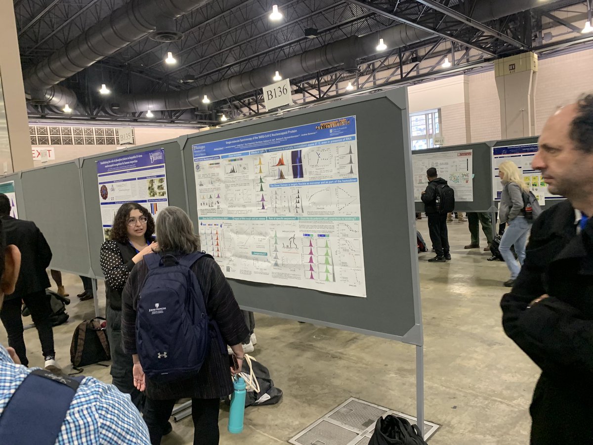 @jcubuk, @JJAlston_ and @MadisonString_ discussing ongoing work in our lab at the #BPS2024 poster session.