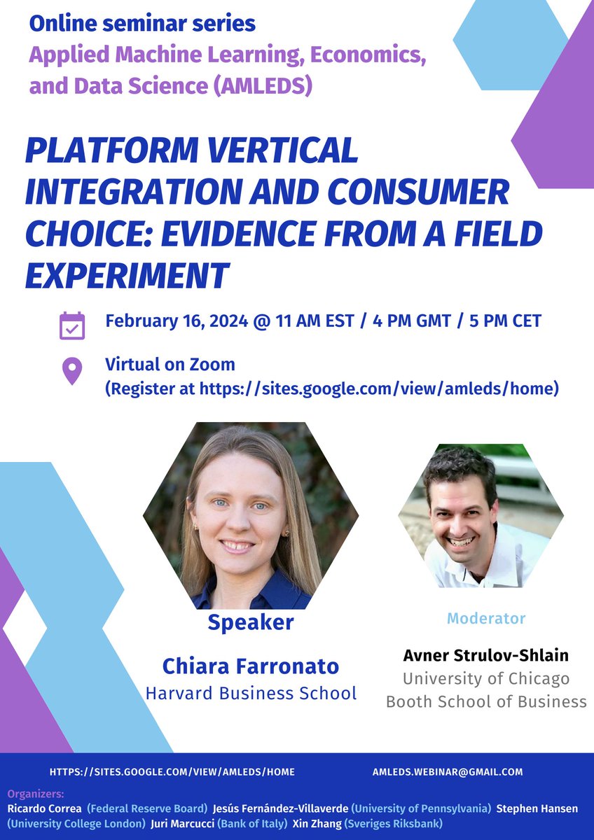 🌟 Exciting #Webinar Alert! 
📚 Join us on Friday, Feb 16 @ 11 AM ET / 5 PM CET for a captivating #AMLEDS #Webinar with Chiara Farronato from <a href="/HarvardHBS/">Harvard Business School</a>! 
🎓 She'll discuss "Platform Vertical Integration &amp; Consumer Choice: Evidence from a Field Experiment"  #EconTwitter 1/5