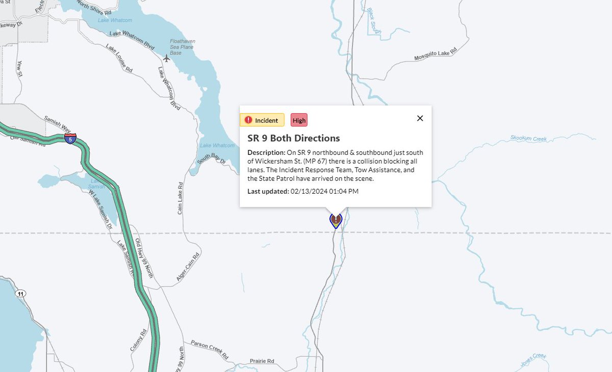 wsdot_north's tweet image. Blocking all lanes on NB/SB SR 9 at Wickersham St. (MP 67) in #WhatcomCounty for a collision.

Incident Response and State Patrol are at the scene. Expect delays in this area and use alternate routes.