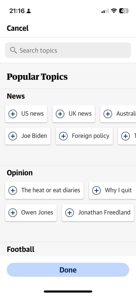 ⁦<a href="/guardian/">The Guardian</a>⁩ ⁦<a href="/guardiantech/">Guardian Tech</a>⁩ ⁦<a href="/OwenJones84/">owenjones84</a>⁩⁦<a href="/mrjamesob/">James O'Brien</a>⁩ - personalisation offered in app…turns out Gaza, Israel, Middle East, Palestine not on offer. Bizarre and restricted choices.