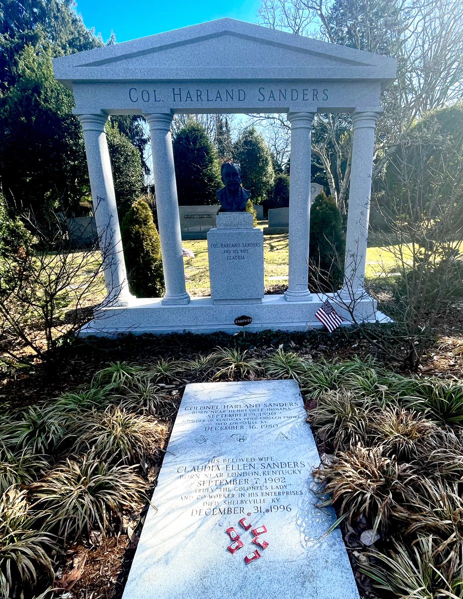 Packets of ketchup honoring the memory of Colonel Harland Sanders, founder  of Kentucky Fried Chicken, at his gravesite in Louisville, Kentucky., image size:927x1200