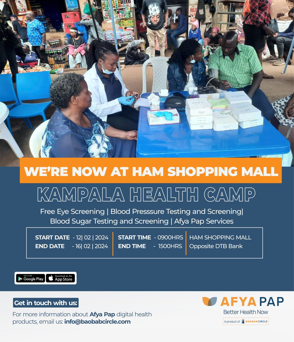 Join us this week at Ham Shopping Mall. Gain valuable knowledge and explore how Afya Pap can help you achieve better health outocmes. Come through for free eye, blood pressure and blood sugar screening. 

#AfyaPap #remotepatientmonitoring