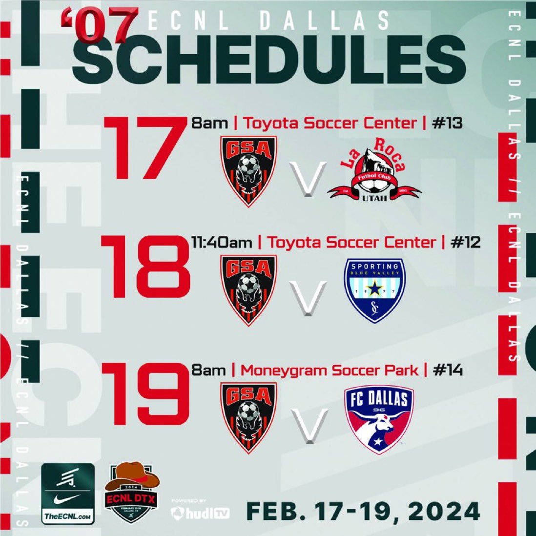 catechandler5's tweet photo. Here is our schedule for #ECNLDTX ! Please come by and watch this weekend!! @ECNLgirls @Gsa07gECNL @GSAsoccer @ECNLSoutheast @ImYouthSoccer @ImCollegeSoccer @ncsa @PrepSoccer @TheSoccerWire @TheECNL https://t.co/i6q6l2s1cD