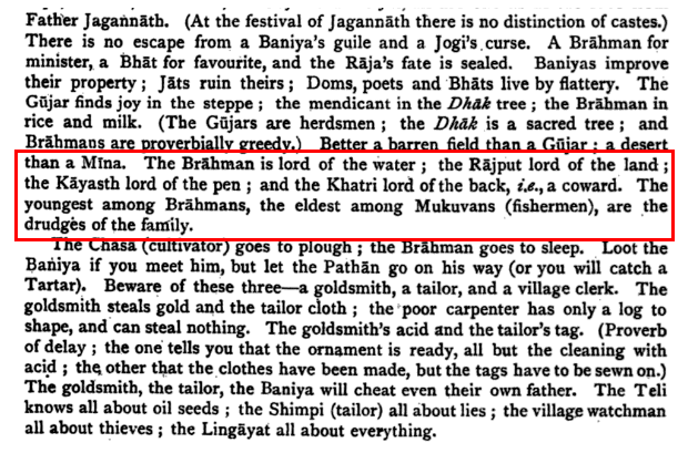 Herbert Risley in his book Peoples of India, writes: 
A Baman is lord of water, 
A Rajput is Lord of Land,
A Khatri is lord of the back i.e a coward. 

<a href="/Pranati2306/">nvm</a> <a href="/PagalLadka20978/">VK Khatri 🦅</a>