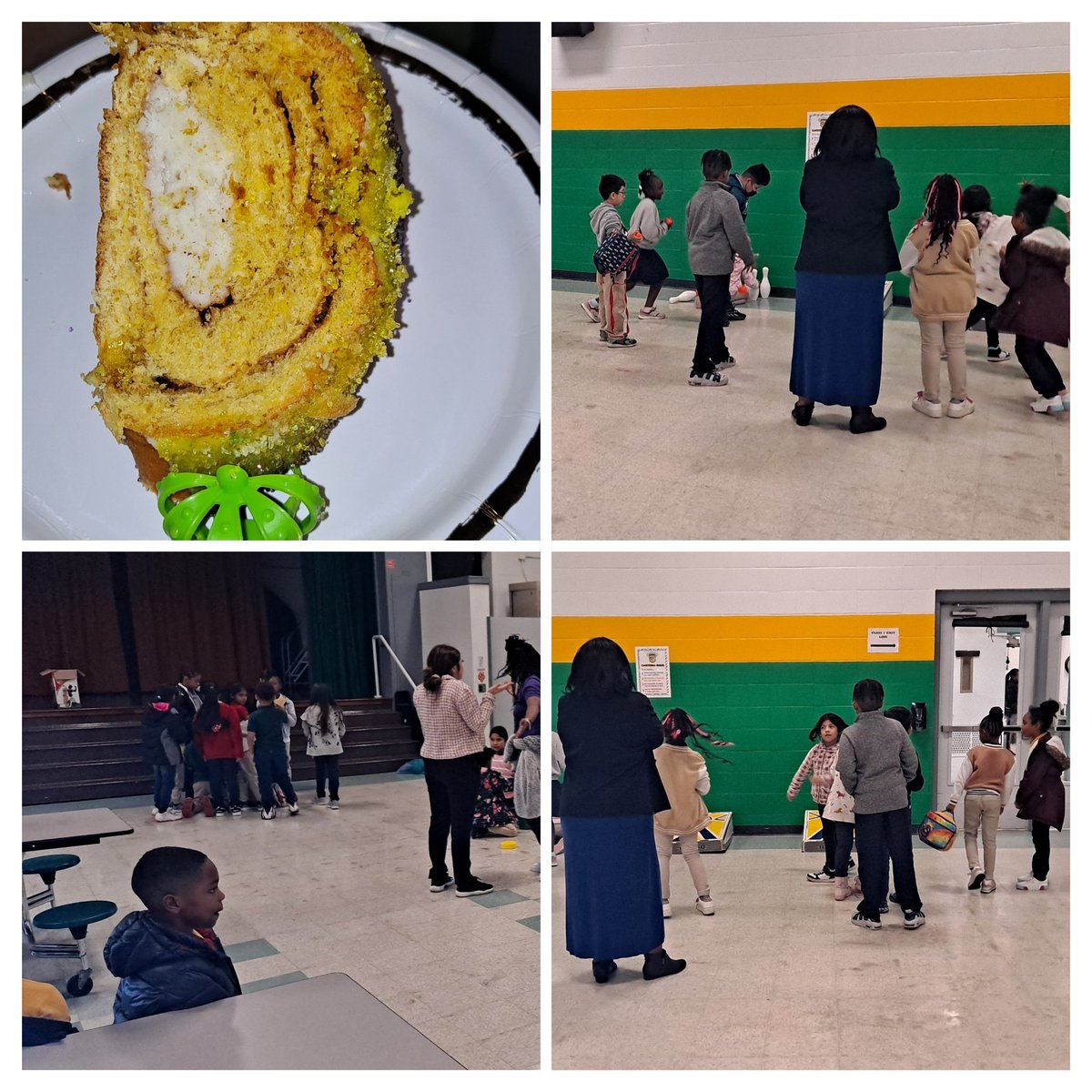 Ss, staff experienced Mardi Gras @PleasantvilleES with a tailgate hosted by @HISDNutrition along with music and games and even King Cake as well from Principal @ArymasRay! #SEL moment enjoyed by all as we continue to do the work and keep scholars growing academically! 🐅💚💛