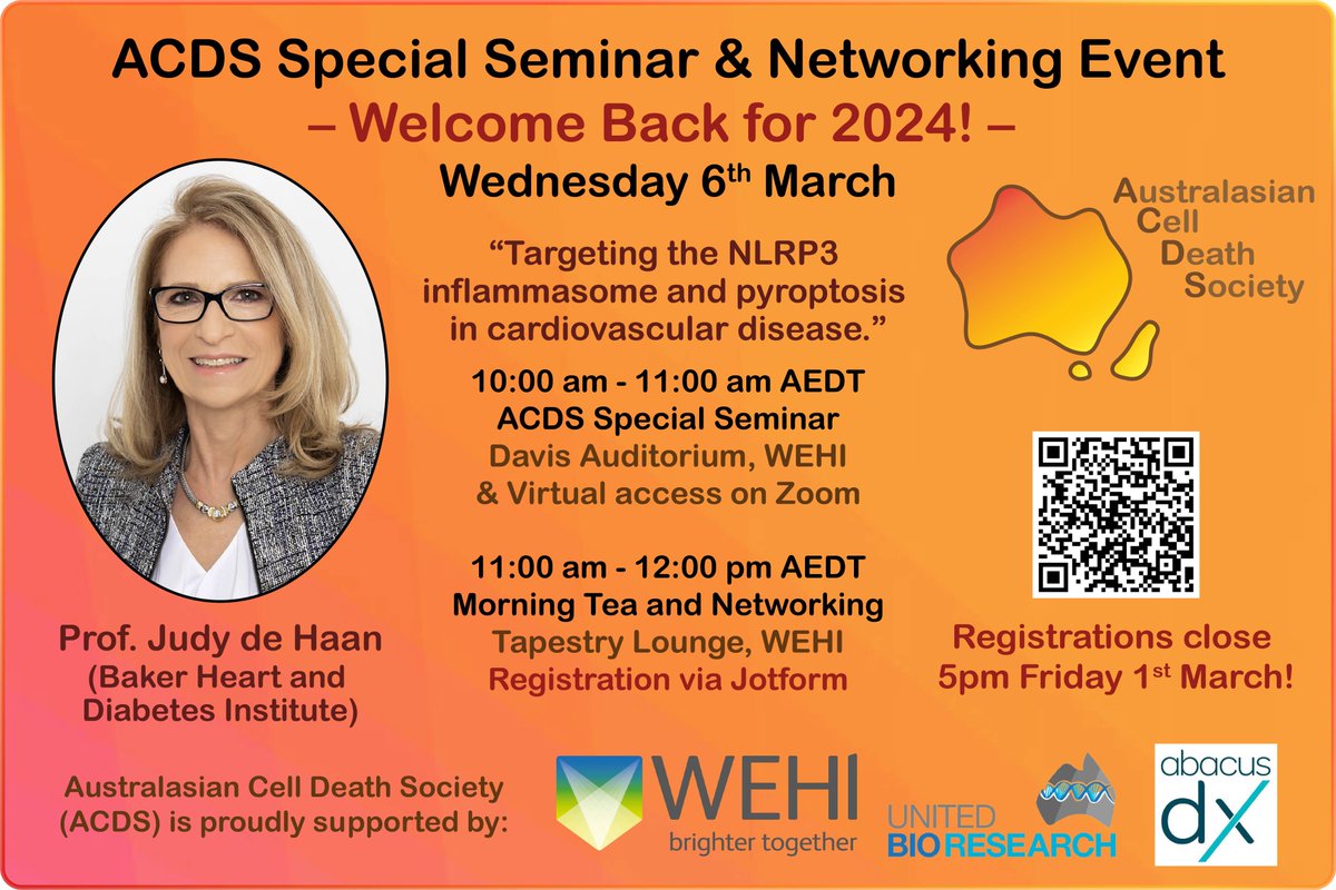 ...a networking morning tea, in person at @WEHI_research from 11am! ☕️
We can't wait to hear about @Judy_deHaan29's work targeting NLRP3 in cardiovascular disease 🫀 and to welcome you all back to #ACDS for 2024 🥳
RSVP for morning tea by Fri 1st March: form.jotform.com/230156932385862