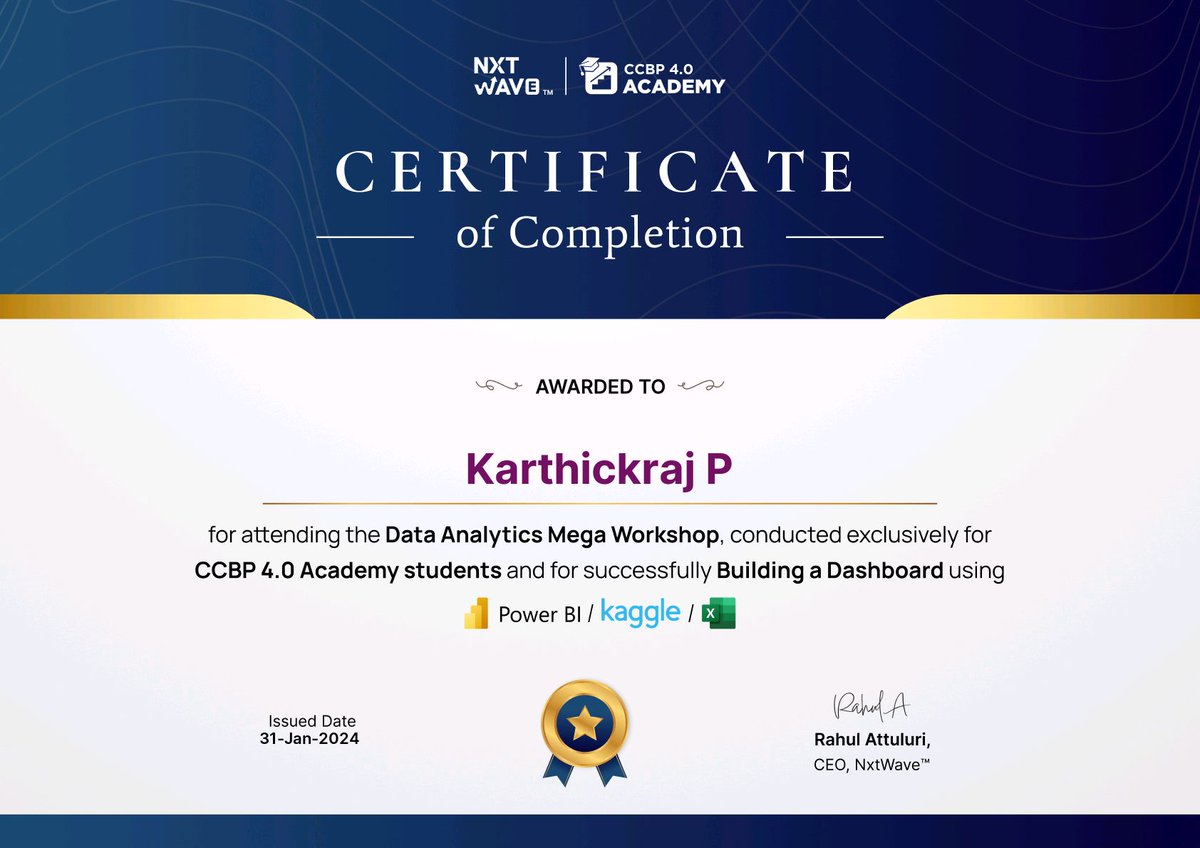 karthickraj29's tweet image. Attended Data Analytics Mega Workshop by CCBP 4.0 Academy. Learned data analysis and visualization with Power BI, Kaggle and Excel. Proud of my dashboard and feedback. Thanks CCBP! 🙌

#CCBP #DataAnalytics #PowerBI #Kaggle #Excel #nxtwave #ccbpacademy @nxtwave_tech
