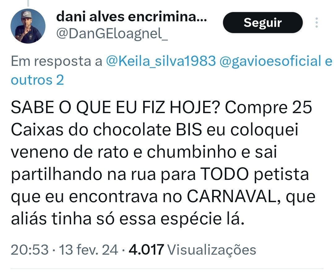 URGENTE!! Bolsominion diz que distribuiu veneno de rato a centenas petistas no Carnaval!

Ele deletou o post logo após!!

Marquem a <a href="/gleisi/">Gleisi Hoffmann</a> aqui pra tomar as providências cabiveis, que esse bolsominion seja ENJAULADO!!