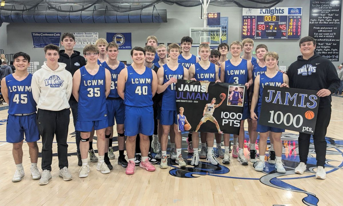 Final: 

LCWM: 80
Madelia: 45

LCWM was led by Jamis Ulman who scored his 1,000th point tonight on his way to 20 points.

Mason Anderson added in 11, along with Jack Brockmann with 10 and Charlie Gengler with 10.

LCWM moves to 18-3 on the year and plays at Loyola on Thursday!