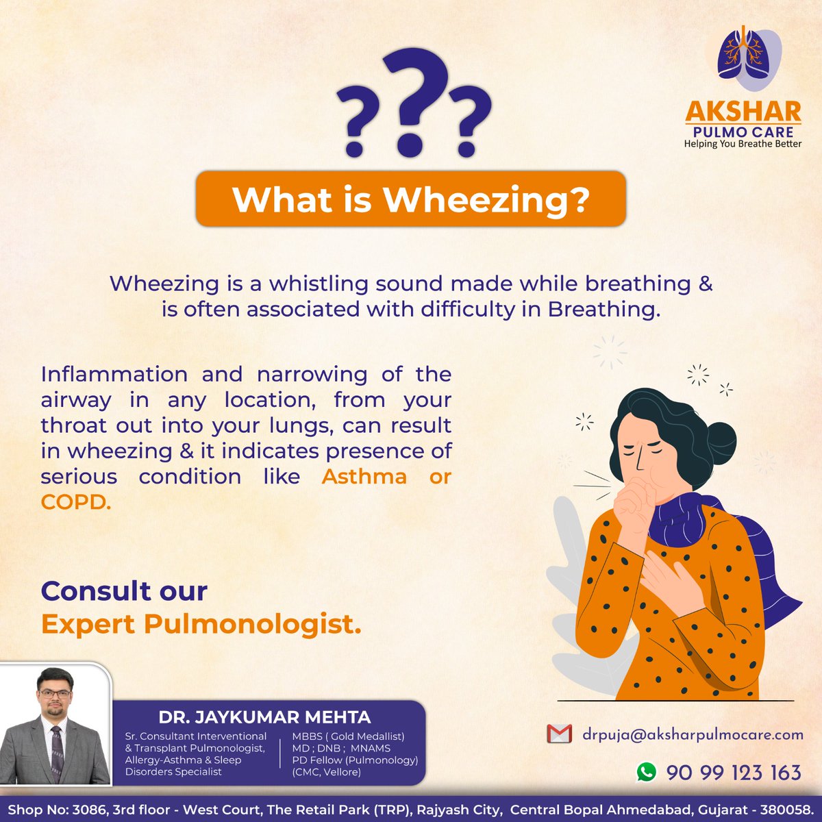 WHEEZING...!!

#helplinenu9099123163 #aksharpulmocare #JaykumarMehtaInterventionalPulmonologist #helpingyoubreathebetter #pulmonologists #wheezing #Asthma #Bronchitis