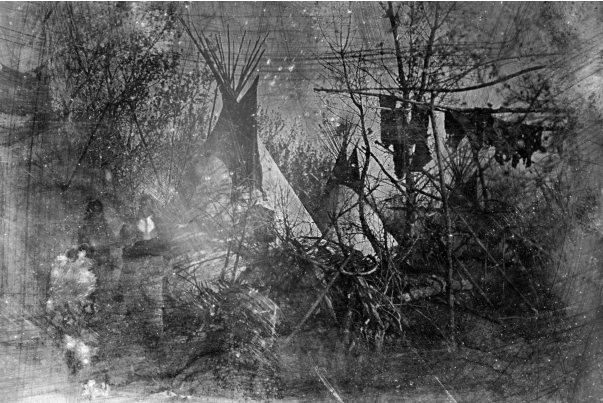 Likely the earliest photograph of Native Americans and the sole surviving daguerreotype from Solomon Nunes Carvalho’s 1853 western journey to Colorado and taken at a Cheyenne camp at Big Timbers. “Natives posed in silence, at the obscure borders of the camera…