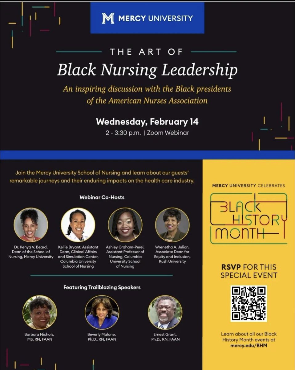 TOMORROW! Join the @MercyUniversityNY School of Nursing for an intimate &amp; compelling virtual conversation on Drs. Barbara Nichols, Beverly Malone, &amp; Ernest Grant: distinguished as the only 3 African American nurses to serve as presidents of(<a href="/ananursingworld/">American Nurses Association</a>).
#blacknursesrock
