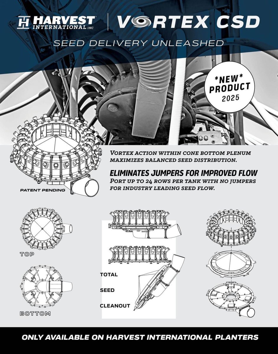 This week in booth 7953 at the <a href="/KYNFMS/">National Farm Machinery Show</a> we are unveiling our newest innovation: the Vortex CSD. Featuring 24 seed ports &amp; a cone-bottom design for maximized efficiency on our high row precision-ready planters. See it at the show or online harvest-international.com/vortex