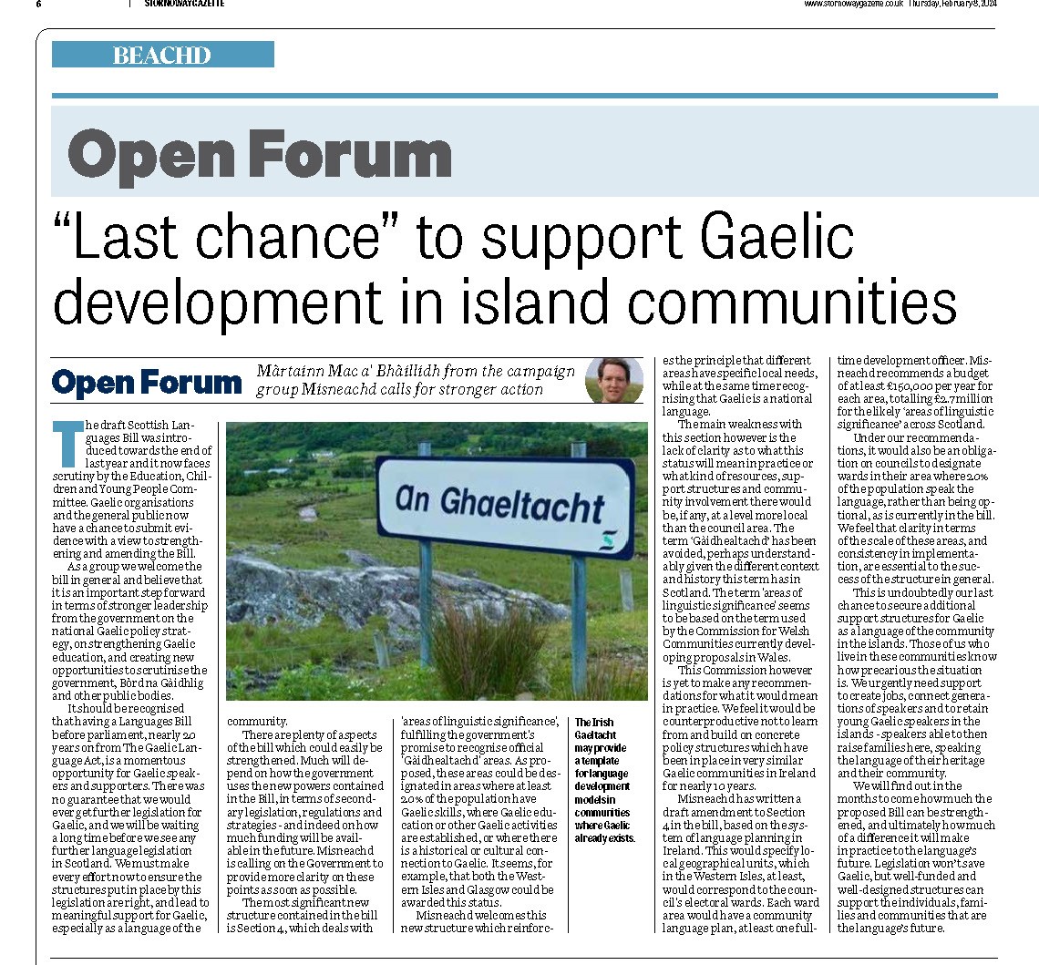 Bha alt againn anns a' <a href="/Sygazette/">Stornoway Gazette</a> an t-seachdain sa chaidh mu Bhile nan Cànanan Albannach agus na molaidhean againne air an taic a tha dhìth air #Gàidhlig #Gaelic #Scots #MinorityLanguages