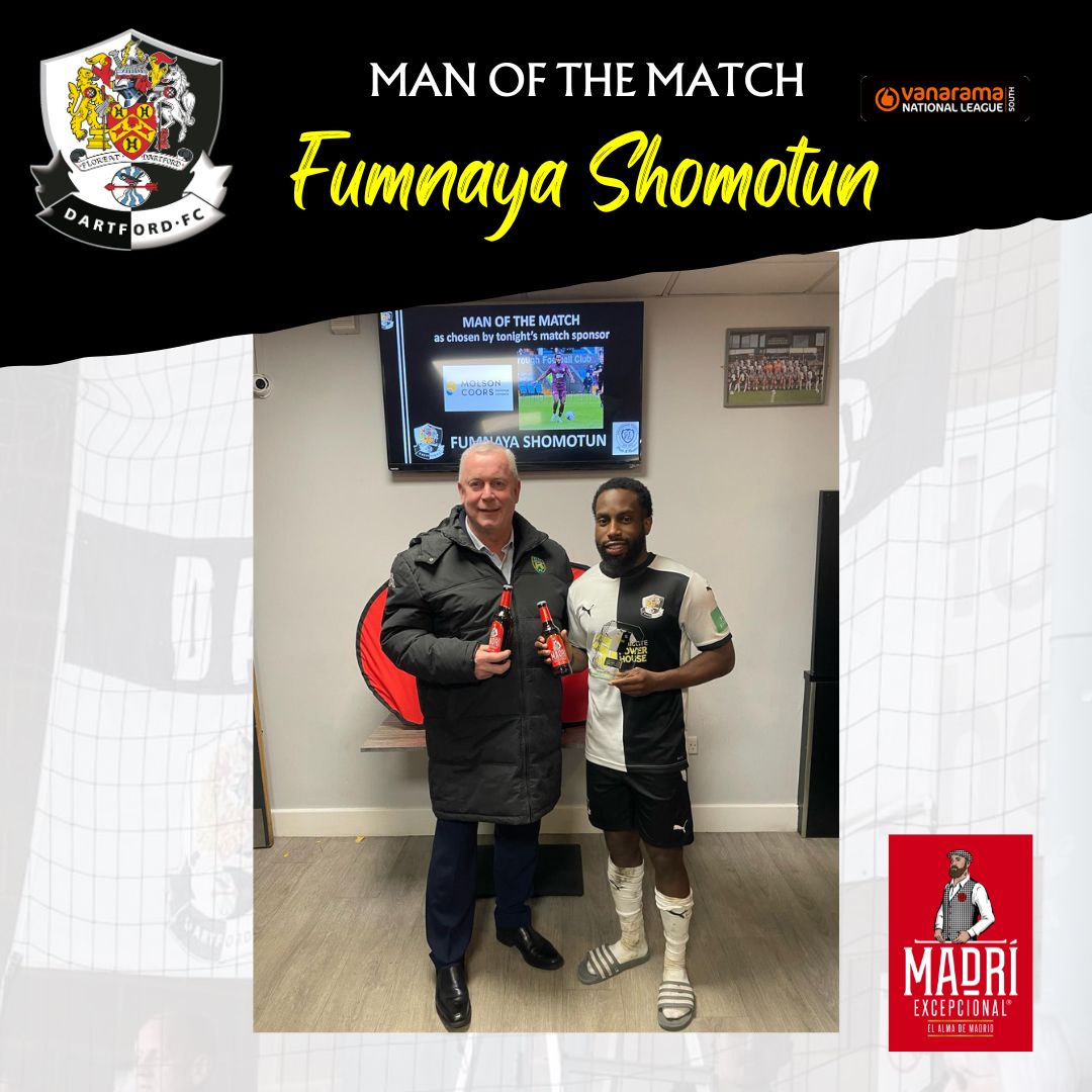 dartfordfc's tweet photo. 🍾Tonight’s MOTM is Fumnaya Shomotun!

Well battled tonight Fum 🤝

#DartfordFC #DartsFC https://t.co/GcKnFbCfsZ
