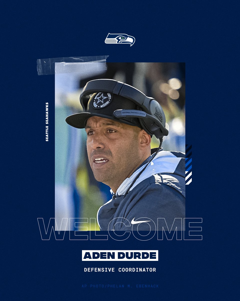 Seahawks's tweet photo. A new face on defense.

We've named Aden Durde as our Defensive Coordinator. https://t.co/qwieZajmne