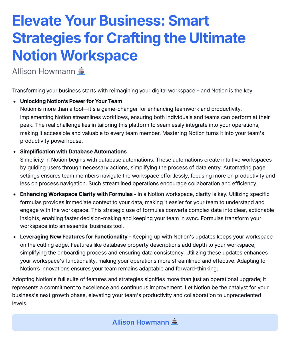 AllisonHowmann's tweet image. Elevate Your Business: Smart Strategies for Crafting the Ultimate Notion Workspace #NotionForBusiness #WorkspaceOptimization #EntrepreneurialSuccess #NotionProductivityHacks #DigitalWorkspaceEvolution #TeamCollaborationTools #BusinessGrowthStrategies #NotionAutomation
