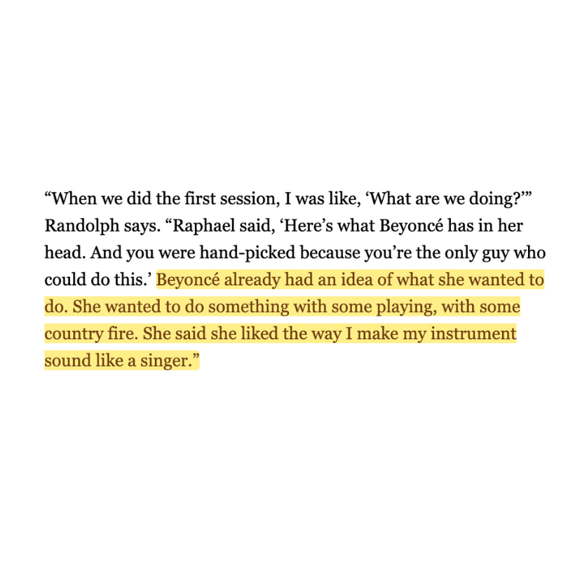 BeyLegion's tweet image. Robert Randolph, who plays steel guitar on #16CARRIAGES, let @RollingStone in on how the record came to be:
 
"She already had an idea of what she wanted to do... You just follow her lead and go."

Full article: bit.ly/42UtGE1