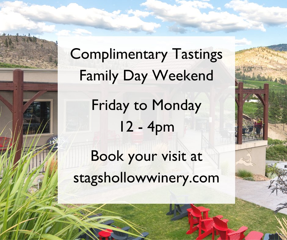 Wine tastings begin again this #FamilyDay weekend! 12 to 4pm Friday - Monday. We are excited to welcome you for #complimentary tastings in celebration of spending time with family &amp; friends. Walk-ins welcome, reservations recommended.