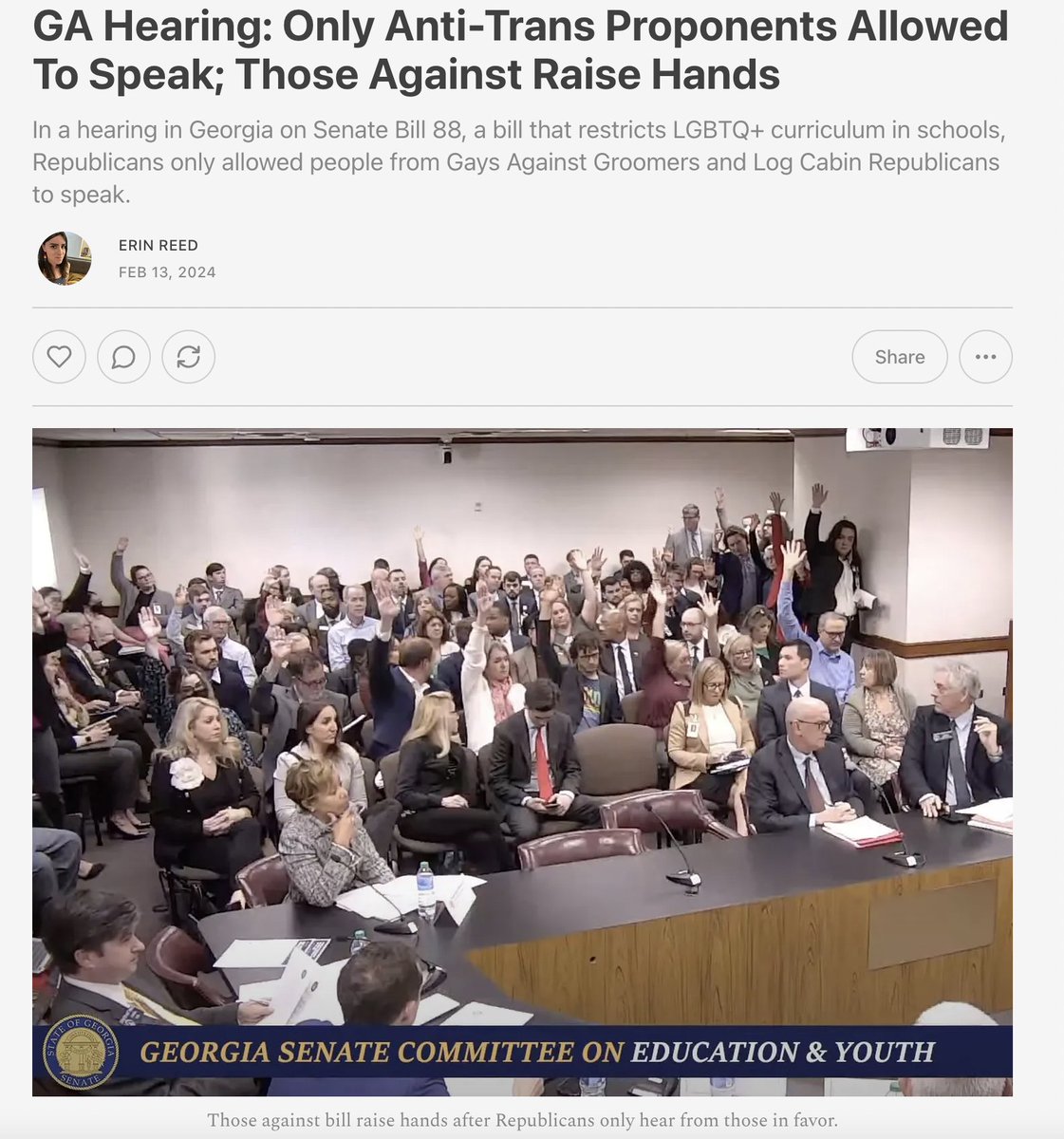 1. In a stunning hearing in Georgia over an anti-trans bill, Republicans cut the hearing short after only allowing those in favor of the bill to speak.

Those who showed up against the bill raised their hands, but were not heard from.

Subscribe to support my work.