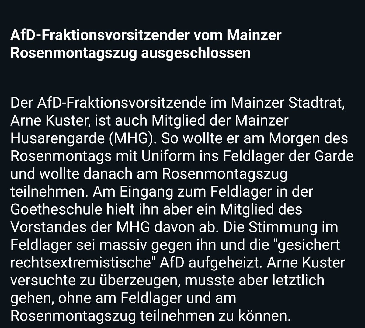 Für den #noAfD Stadtrat aus #Mainz, Arne Kuster, ist der Rosenmontag ausgefallen. 
Sein (ehemaliger) Fastnachtsverein die 'Husarengarde' hat ihn am Morgen wieder heim geschickt. Sehr stabil. 
Keine Fassenacht für #Fcknzs!