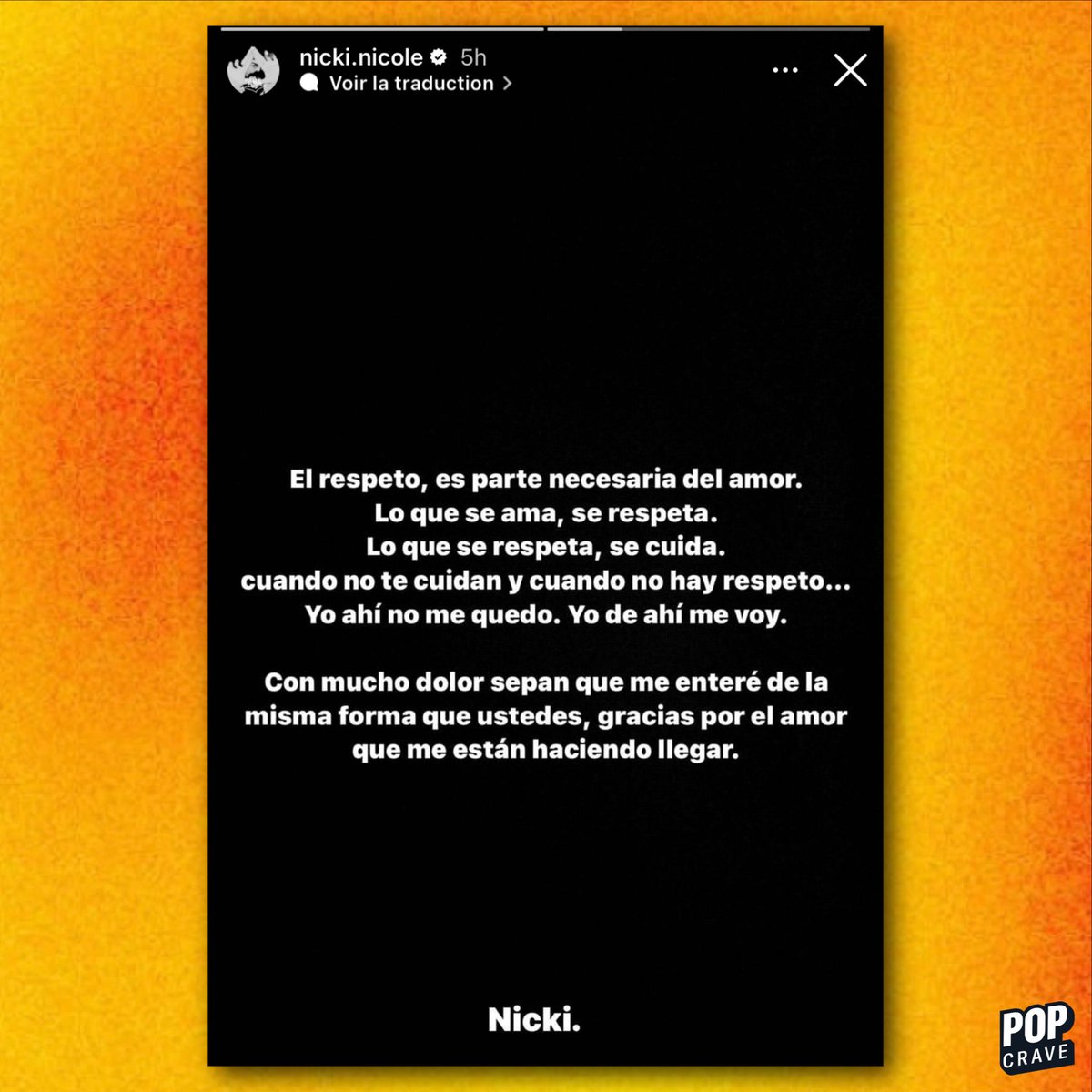 PopCrave's tweet photo. Nicki Nicole in new post following video of boyfriend Peso Pluma with another woman:

“When they don’t care for you and when there is no respect… I don’t stay there. I leave. With a lot of pain, know that I found out in the same way you did.” https://t.co/EOtGmwl5mh