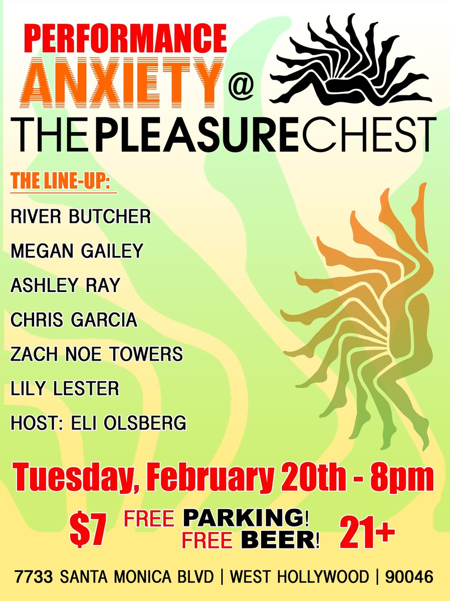 NEXT TUESDAY! Come to @PleasureChestLA 8pm to see River Butcher, @megangailey @theashleyray @_chrisgarcia @ZachNoeTowers @TheLilyLester @EliOlsberg free beer, free parking, and 15% off any in-store purchases!! Get tix here: thepleasurechest.com/performance-an…