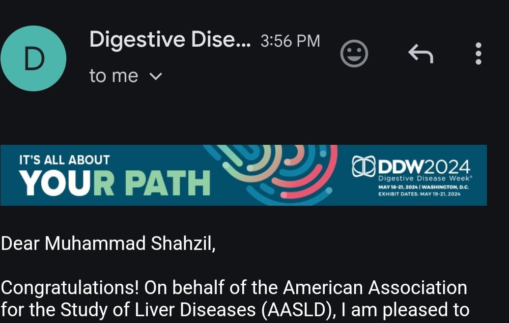 Thrilled to announce the acceptance of 5 of my abstracts for presentation at DDW 2024, with the privilege of being the primary author for 2.All praise to Allah (SWT). Grateful for the guidance of @Ammad_javaid ,@hassamalii and @ZarrarKhanMD .