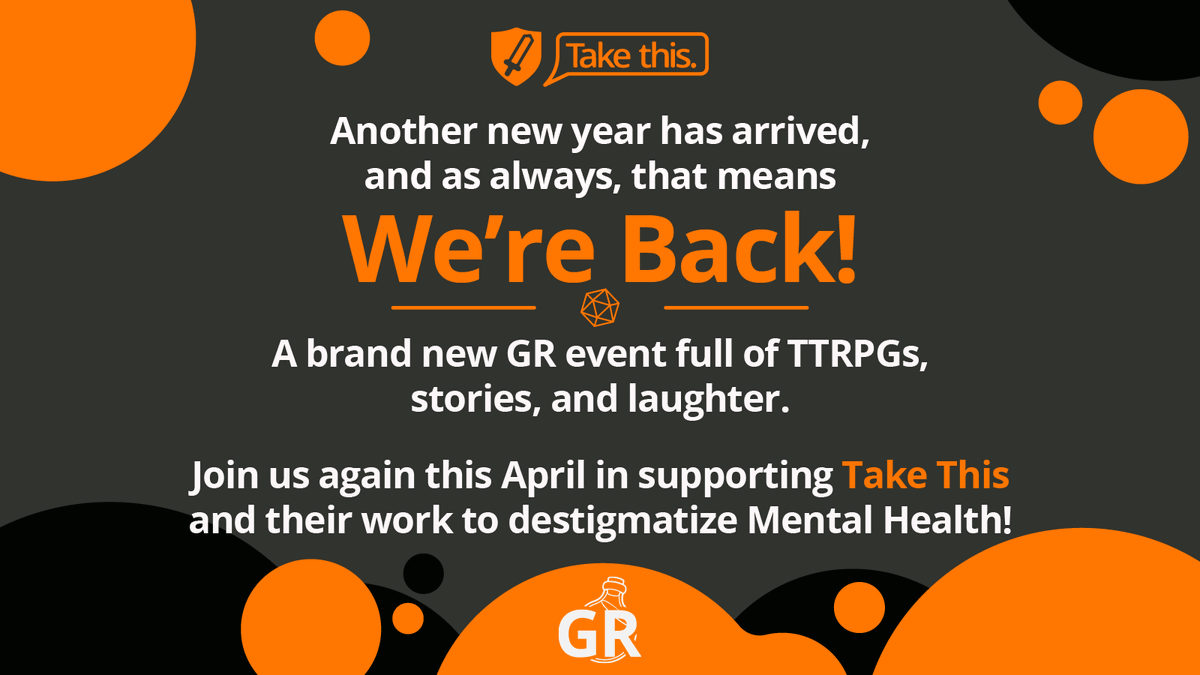 It's that time of year again; get ready for #GR2024, supporting <a href="/TakeThisOrg/">Take This</a> again this year!

Join us April 26th - 28th for another weekend of TTRPGs, friends, and giveaways for charity! #ttrpg #charity #dnd