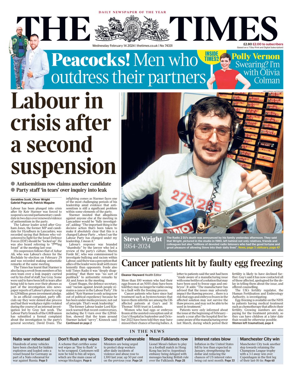 Wednesday's TIMES: Labour in crisis after a second suspension #tomorrowspaperstoday