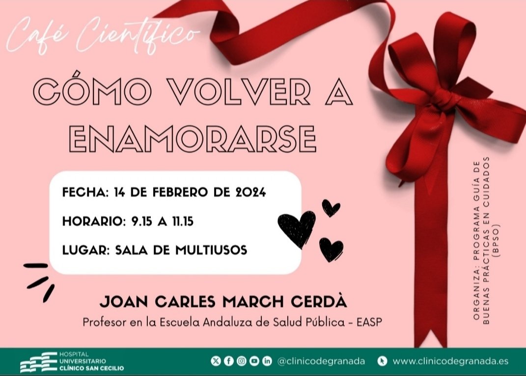 ⏰tic tac, ya queda menos para la inauguración de ☕ cafés 🔍 científicos 2024 🎉.
Arrancamos por la puerta grande❤️, con el gran <a href="/joancmarch/">joan carles march</a> "Cómo volver a enamorarse", ¿dónde?, 🏥 <a href="/clinicogranada/">Hospital Universitario Clínico San Cecilio</a> <a href="/BpsoSanCecilio/">BPSO Hospital Clínico San Cecilio</a>.
#notelopuedesperder
#cuidarconlos5sentidos
¿Qué nos contará 🥰?