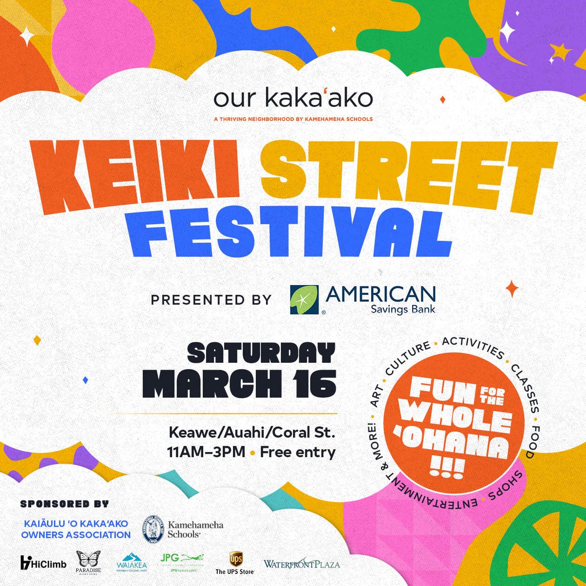 Save the date and get ready for a day of family fun! 🎈

Keiki Street Festival RETURNING to Our Kakaʻako on Saturday, March 16th! 🌞 Bring the ʻohana for a day full of activities, entertainment, delicious treats and a safe space to play and explore! 😍 🛴🚲🛼#KeikiStreetFestival