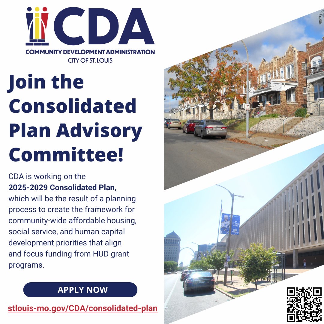 .@STL_CDA is inviting #STL community members to join the Consolidated Plan Advisory Committee to play a crucial role in shaping the alignment and implementation of @STLCityGov's housing, social services, and human capital development priorities. stlouis-mo.gov/CDA/consolidat…