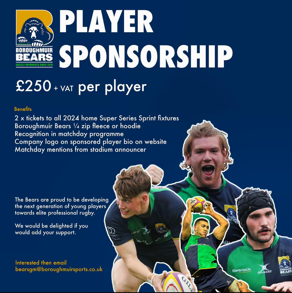 MuirBears's tweet photo. 📌Player sponsorship
opportunities available at Boroughmuir Bears for the 2024 sprint season‼️
All matches will shown on @bbcalba - live or highlights packages🐻
#muirbears #boroughmuirbears #scottishrugby #sportssponsorship
For more information email provided below: https://t.co/bc091S7gtY