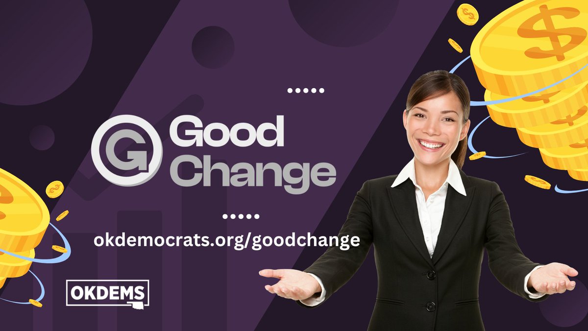 OKDemocrats's tweet photo. Your spare change can help the Oklahoma Democratic Party elect more Democrats, hire staff, organize more events, and ultimately turn Oklahoma purple to blue! Sign up for your spare change today with our GoodChange app at https://t.co/Jg93HpohjP #SpareChangeWeek #GoodChange https://t.co/HQ1XMmDt1n