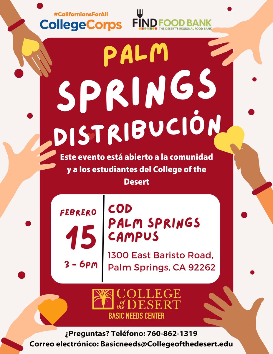 Thursday, Feb 15 COD Basic Needs will be hosting a food distribution with FIND Food Bank,.
 🕐 3 - 6 p.m. 
📍Palm Springs Campus
⚠️Does not count to student weekly credit 
 Contact the Basic Needs Center at: 760.862.1319.
#YourCommunityYourCollege #CollegeoftheDesert