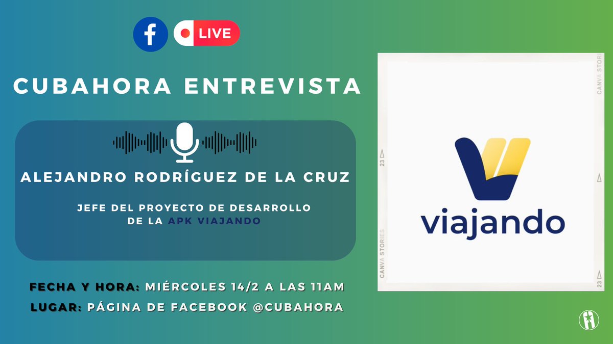 CUBAH0RA's tweet photo. Le sugiero no perderse esta #entrevista que le haremos desde Cubahora a Alejandro Rodríguez de la Cruz, Jefe del Proyecto de Desarrollo de la APK Viajando 

🗓️Fecha y Hora: Miércoles 14 de febrero/11am

📍Lugar: Transmisión #EnVivo por nuestra página en Facebook ( @Cubahora ) https://t.co/l3vO2EOnC3