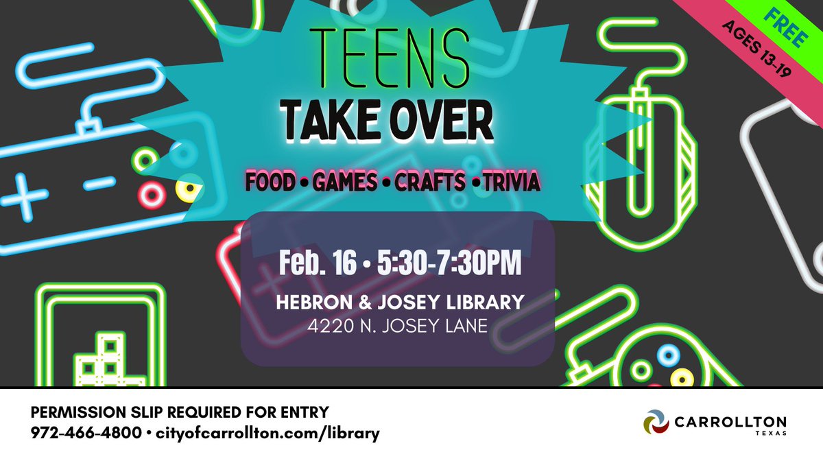 CarrolltonTxLib's tweet photo. There's still time to register for the upcoming Teens Take Over on Fri., Feb. 16 from 5:30-7:30 pm at Hebron &amp; Josey Library. For ages 13-19 only. A signed permission slip for minors is required for entry.

For more information: https://t.co/06Vfe0lEOu https://t.co/8fe7KzHHax