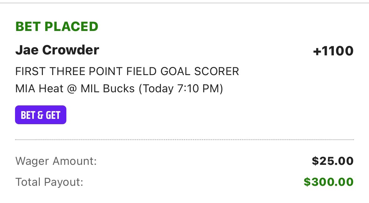 #Draftkings THREESDAY PROMO

I’m going with Jae Crowder at +1100 here. In the lineup to be a 3 &amp; D guy, let’s see if they can find him open on the perimeter early here 

Other good options⤵️
Finney-Smith +700
W Carter Jr +1000
H Barners +1100
S Henderson +1000
M Muscala +700