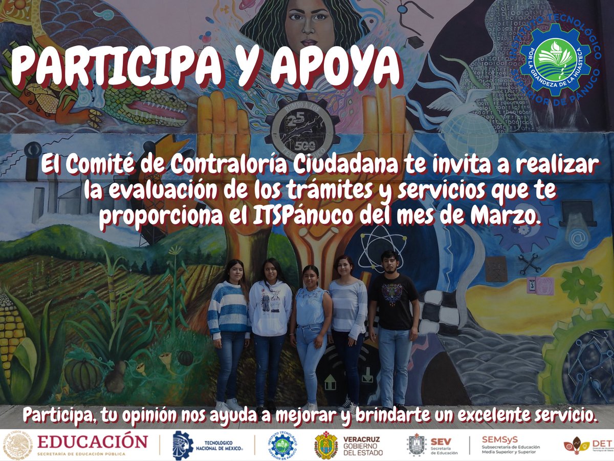 TecNM_PANUCO's tweet photo. #TecNMCampusPánuco Informa   

El Comité de Contraloría Ciudadana del #TECPánuco, te invita a realizar la evaluación del mes de marzo 2024.
_ 
"Este programa es público, ajeno a cualquier partido político. Queda prohibido el uso con fines ajenos a los establecidos en el programa" https://t.co/yTNhCRAyXU