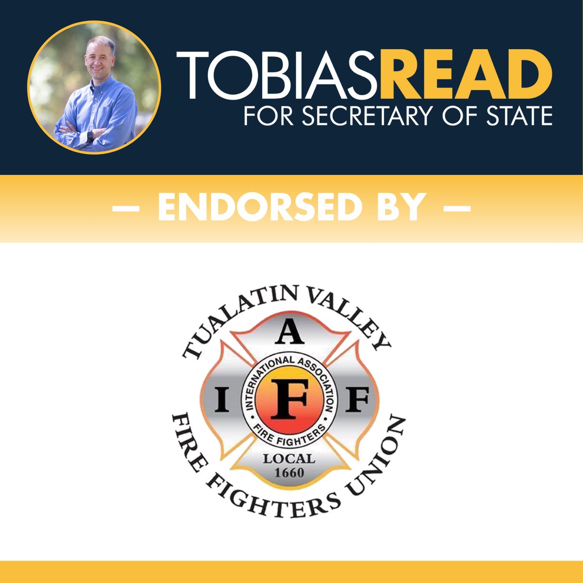TobiasRead's tweet photo. Proud to be endorsed by the Tualatin Valley Firefighters’ Union @iaff1660. The work that our firefighters do is nothing short of heroic, and I can't thank them enough for their service to our community. #orpol #oregonfire https://t.co/aiIEl7z1zq