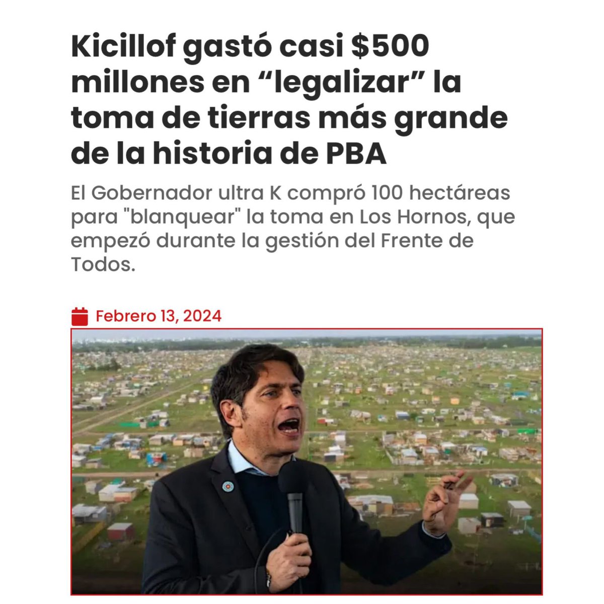 CON LA TUYA, CONTRIBUYENTE

Kicillof gastó casi $500 millones para “legalizar” una toma de tierras. No hay plata para las guardias de los hospitales, para IOMA o para combatir la inseguridad.

Pero usan la plata de todos los bonaerenses para los delincuentes. 

Es una locura.