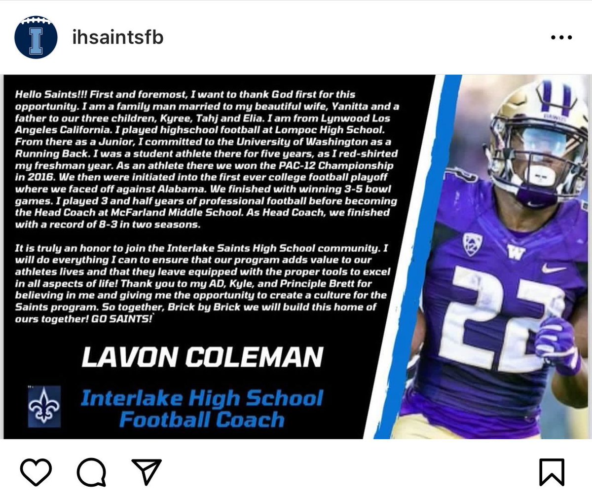 Former University of Washington RB is the new head coach at Interlake High School in Bellevue.