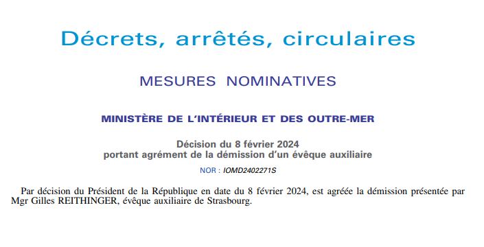 LB2S's tweet photo. +++ L'évêque auxiliaire du diocèse de Strasbourg, Mgr Gilles Reithinger, dont le nom est cité dans l'affaire des Missions étrangères de Paris, démissionne (Journal officiel) +++ https://t.co/DNnPBxgxD6