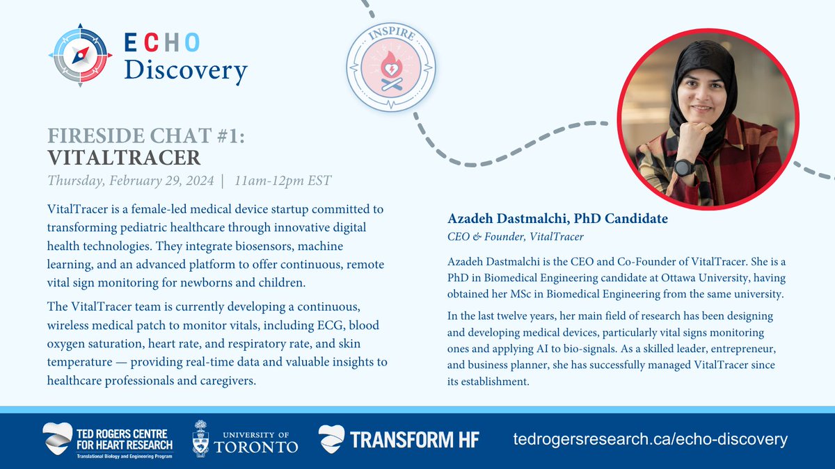 Join us on Thu Feb 29 for an ECHO Discovery Fireside Chat with Azadeh Dastmalchi, Founder & CEO of VitalTracer, a female-led medical device startup committed to transforming pediatric healthcare through innovative digital health technologies. Register: us02web.zoom.us/meeting/regist…
