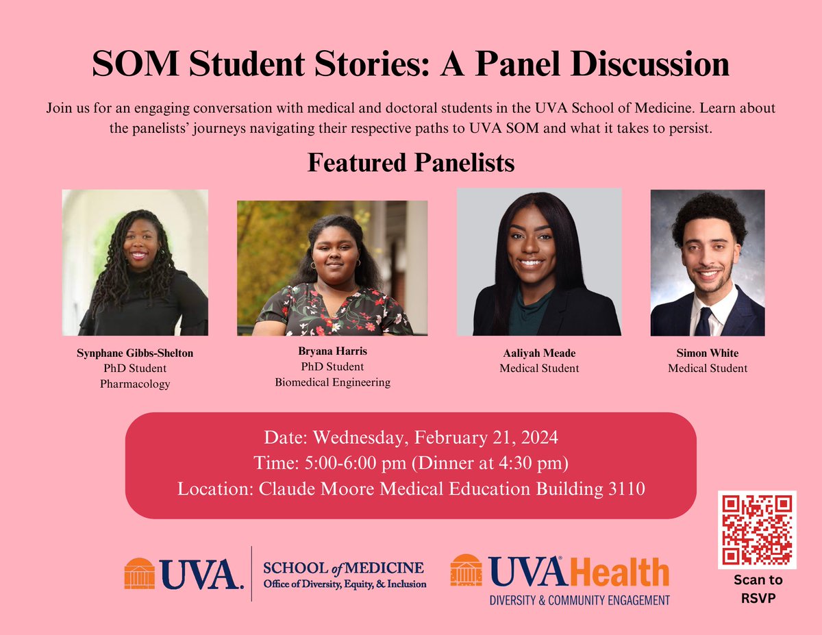 Proud to be included amongst these incredible panelists- including my dear friend, @simonwhitemd- and proud to represent @uvasom_snma! Looking forward to contributing to and being moved by the inspiring discussion that’s to come. #SOMStudentStories
#HappyBlackHistoryMonth✊🏾