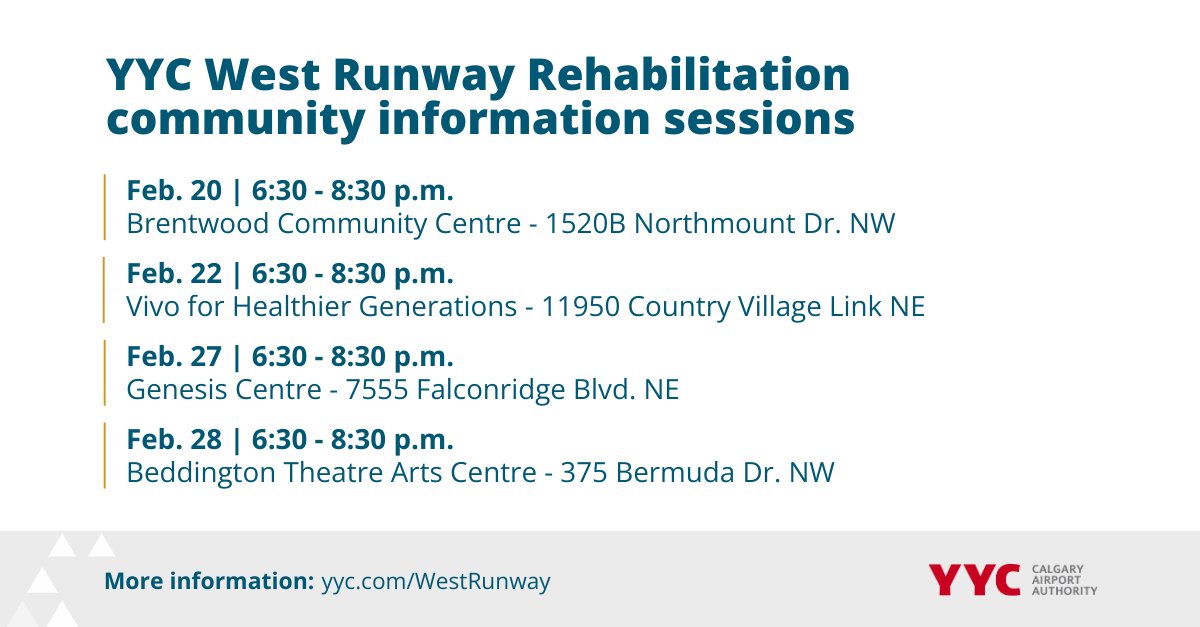 Join us at an upcoming West Runway Rehabilitation info session to hear from The Authority on this major construction project. Drop in to meet the team, enjoy refreshments & learn more about the reconstruction, timeline and enter to win a door prize! Visit: yyc.com/westrunway